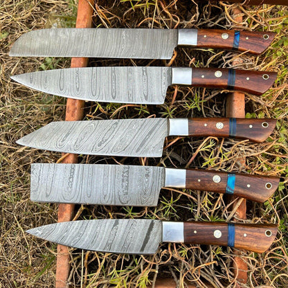 Hand Forged Damascus Steel Chef Set  5 Pc Kitchen Cutlery With Wooden Handle 2