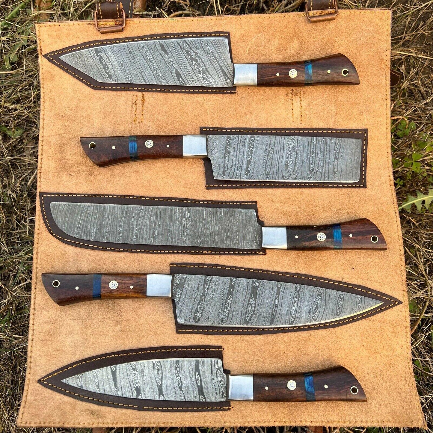 Hand Forged Damascus Steel Chef Set  5 Pc Kitchen Cutlery With Wooden Handle 3