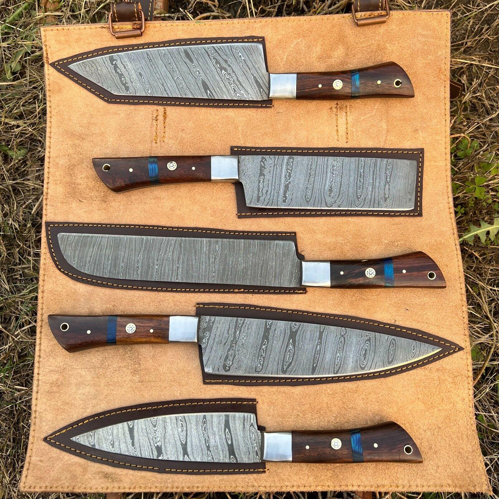 Hand Forged Damascus Steel Chef Set  5 Pc Kitchen Cutlery With Wooden Handle 3