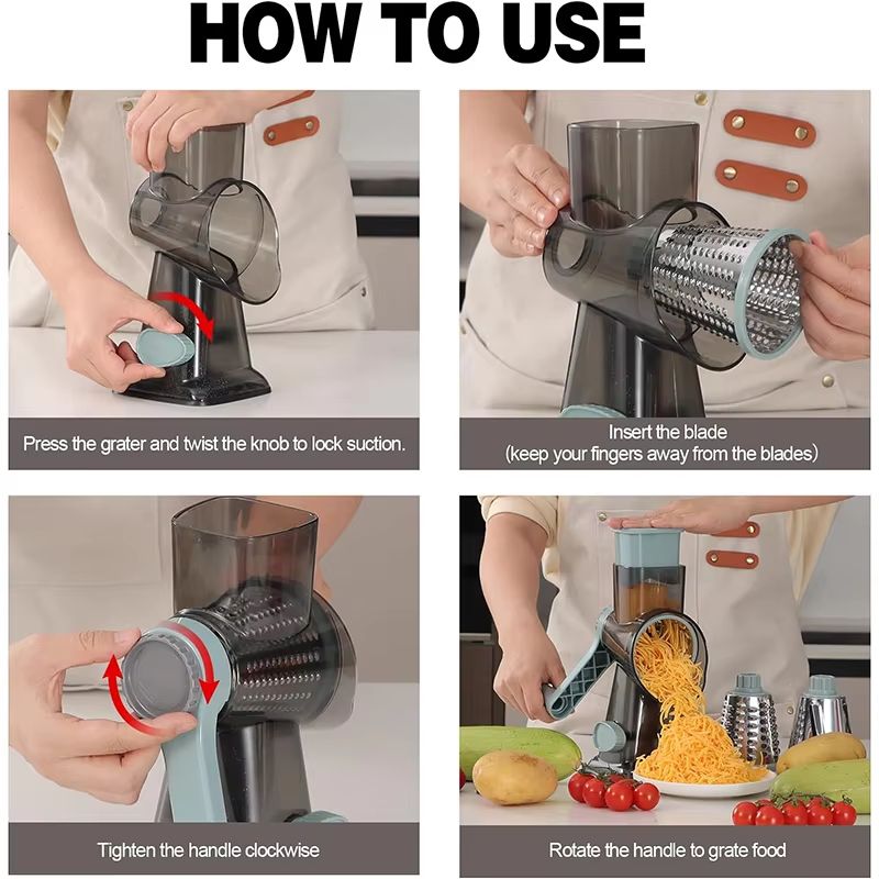 LMETJMA 3in1 Rotary Cheese Grater  Manual Vegetable Slicer  Nut Grinder 4