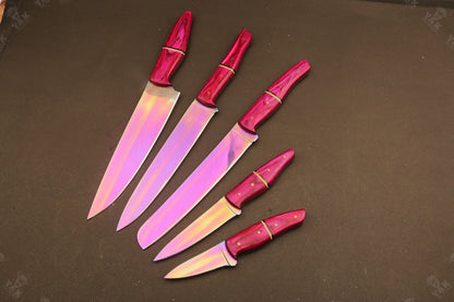 714 Custom Hand Forged D2 Steel Chef Knife Set  Plasma Coated Kitchen  Hunting Knives With Damascus 1