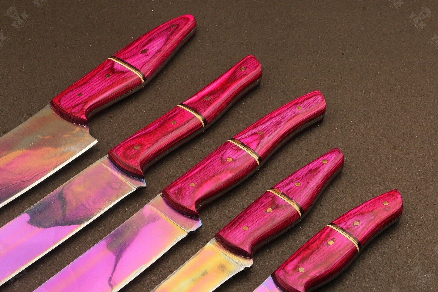 714 Custom Hand Forged D2 Steel Chef Knife Set  Plasma Coated Kitchen  Hunting Knives With Damascus 3