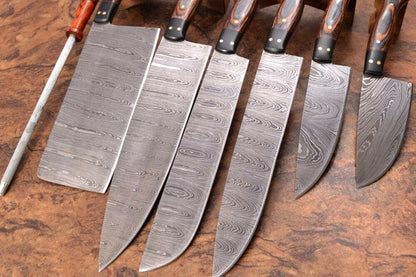 7 PCS Handmade Damascus Steel Chef Knife Set  Full Tang Kitchen Cutlery With Micarta Handle  Leathe 3