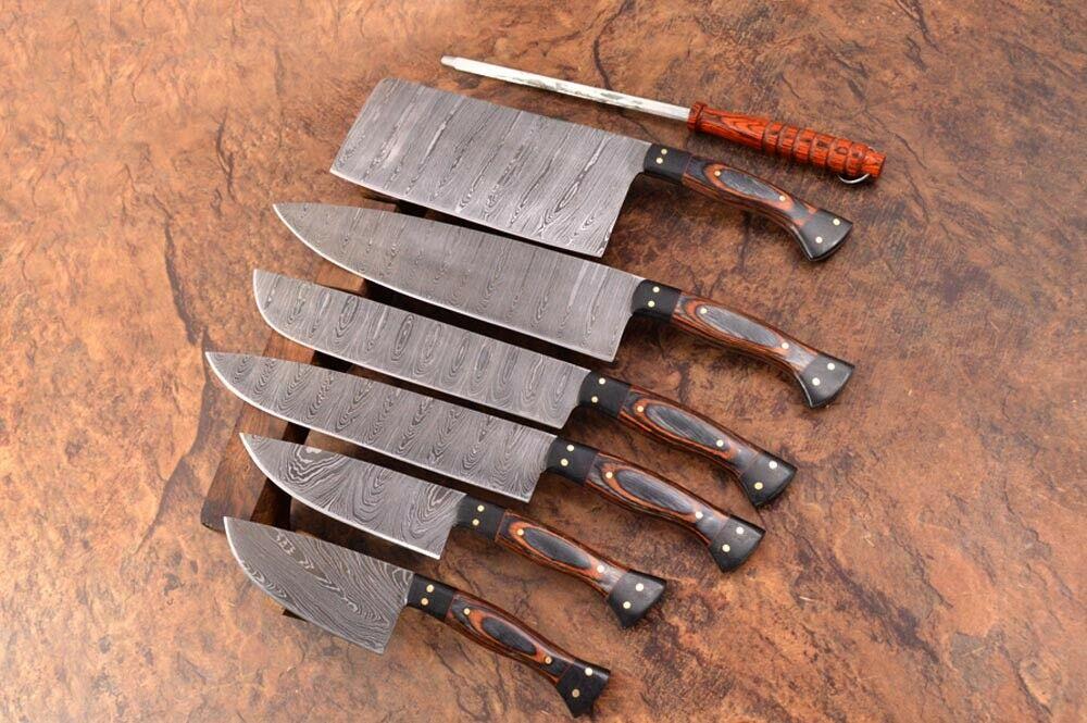 7 PCS Handmade Damascus Steel Chef Knife Set | Full Tang Kitchen Cutlery with Micarta Handle & Leather Roll