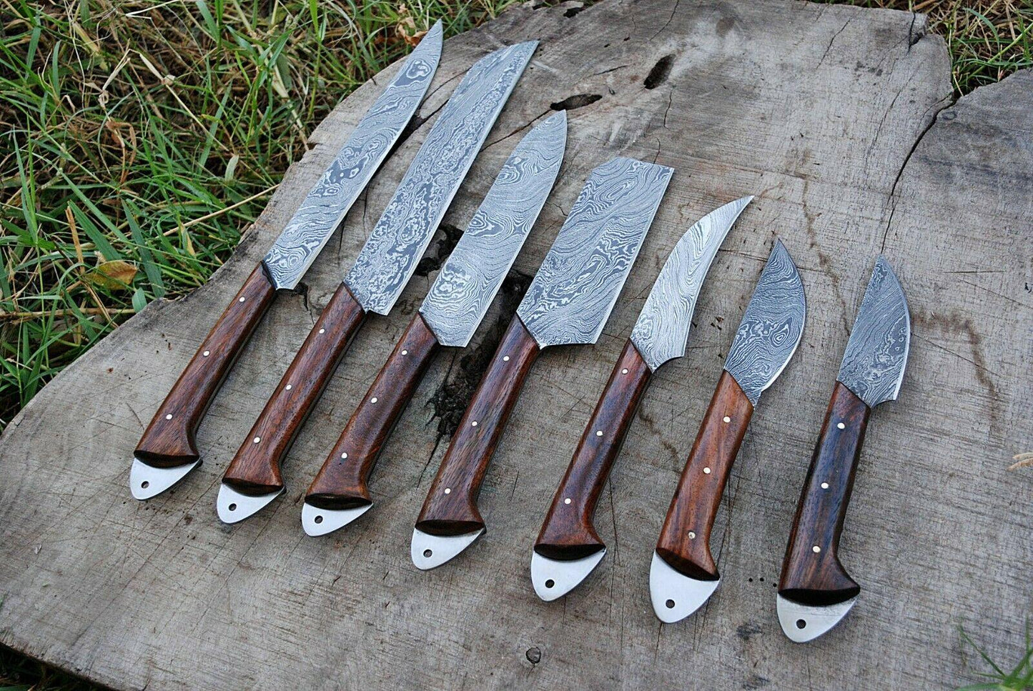 7 PCS Handmade Damascus Steel Chef Knife Set | Full Tang Kitchen Cutlery with Micarta Handle