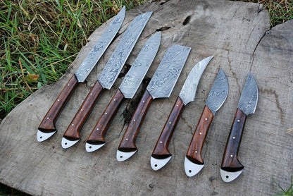 7 PCS Handmade Damascus Steel Chef Knife Set | Full Tang Kitchen Cutlery with Micarta Handle
