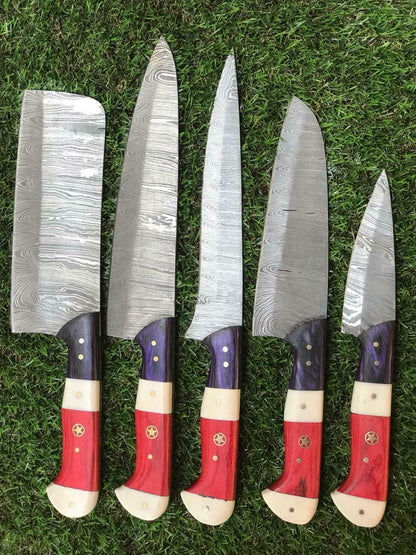 5Pc Custom Damascus Steel Chef Knife Set With Pakkawood Handle 1