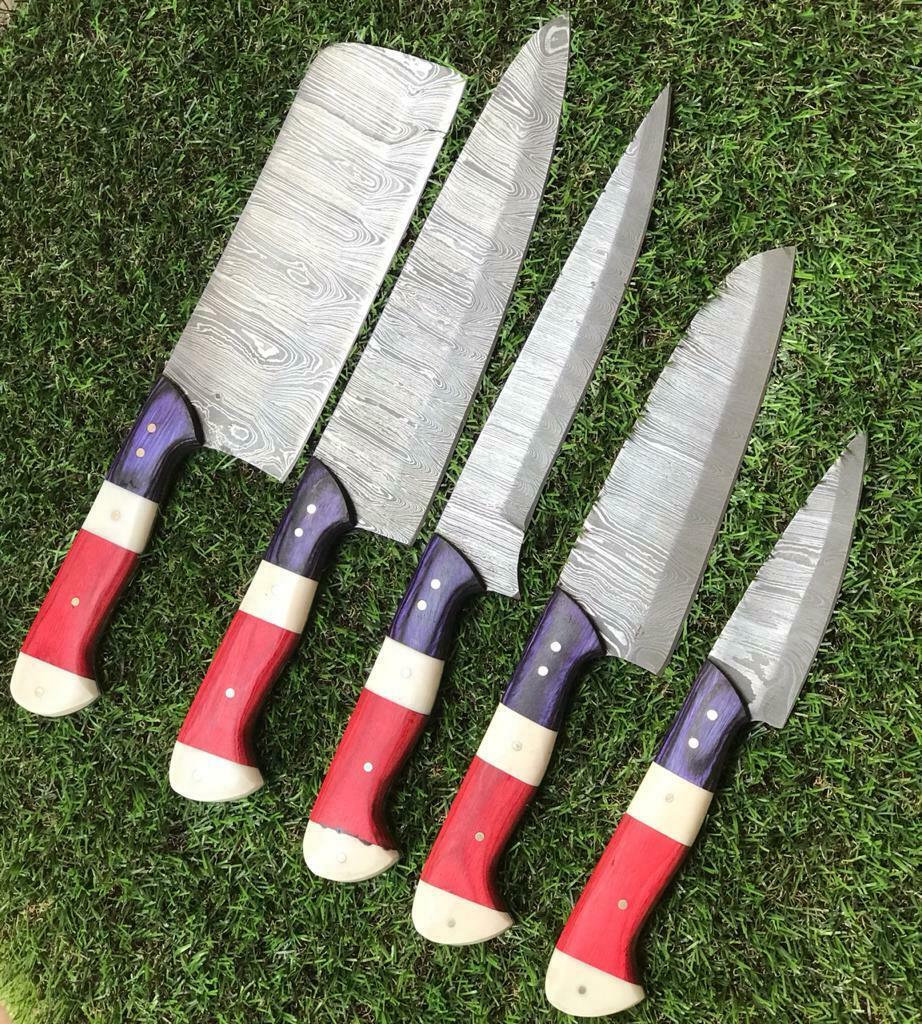 5Pc Custom Damascus Steel Chef Knife Set With Pakkawood Handle 2