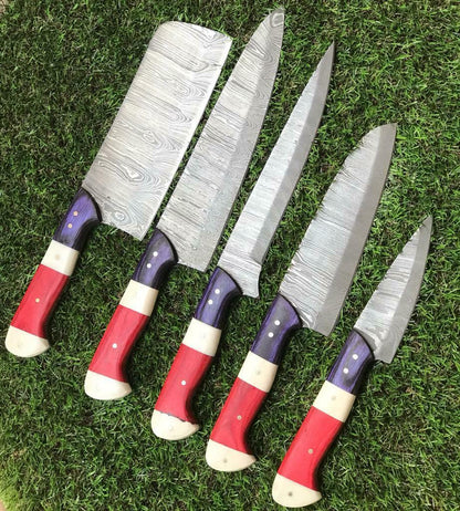 5Pc Custom Damascus Steel Chef Knife Set With Pakkawood Handle 2