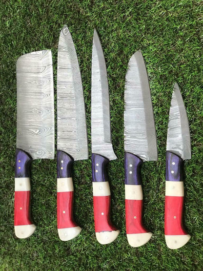 5Pc Custom Damascus Steel Chef Knife Set With Pakkawood Handle 3