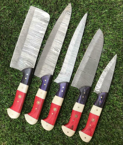 5Pc Custom Damascus Steel Chef Knife Set with Pakkawood Handle