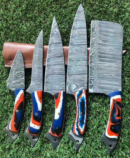 Twist Pattern Damascus Steel Kitchen Knife Set  Handmade Chef Knives 1