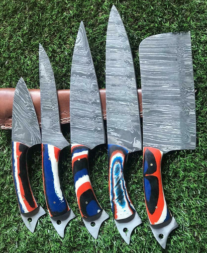 Twist Pattern Damascus Steel Kitchen Knife Set  Handmade Chef Knives 3