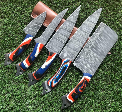 Twist Pattern Damascus Steel Kitchen Knife Set | Handmade Chef Knives