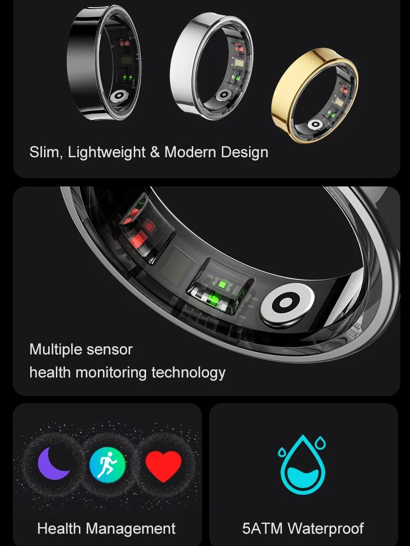 Waterproof Smart Ring With Charging Case, New Smart Ring R09 Health Monito Multi Sports Mode Skin Temperature