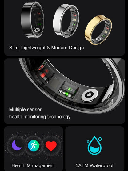 Waterproof Smart Ring With Charging Case, New Smart Ring R09 Health Monito Multi Sports Mode Skin Temperature