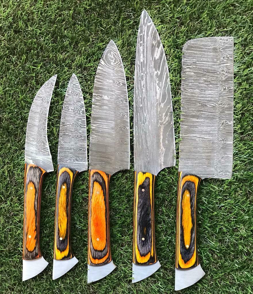 Custom Damascus Steel Chef Knives With Pakkawood Handle  Handmade Set 1
