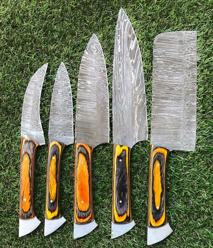 Custom Damascus Steel Chef Knives With Pakkawood Handle  Handmade Set 1