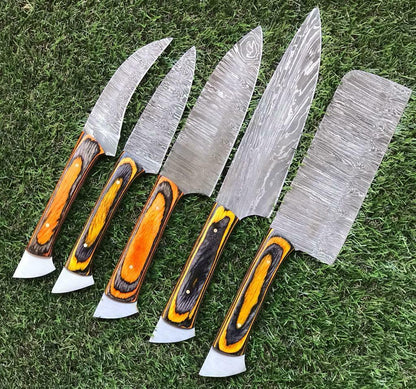 Custom Damascus Steel Chef Knives With Pakkawood Handle  Handmade Set 2