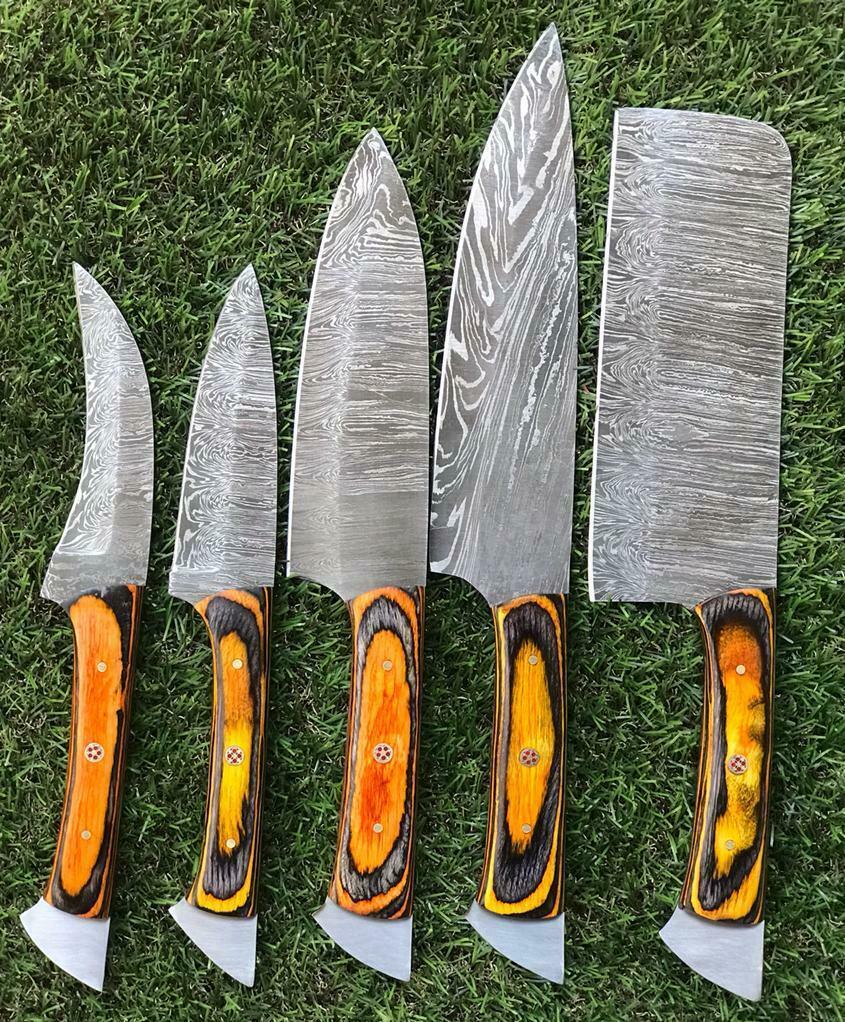 Custom Damascus Steel Chef Knives With Pakkawood Handle  Handmade Set 3