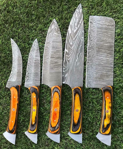 Custom Damascus Steel Chef Knives With Pakkawood Handle  Handmade Set 3