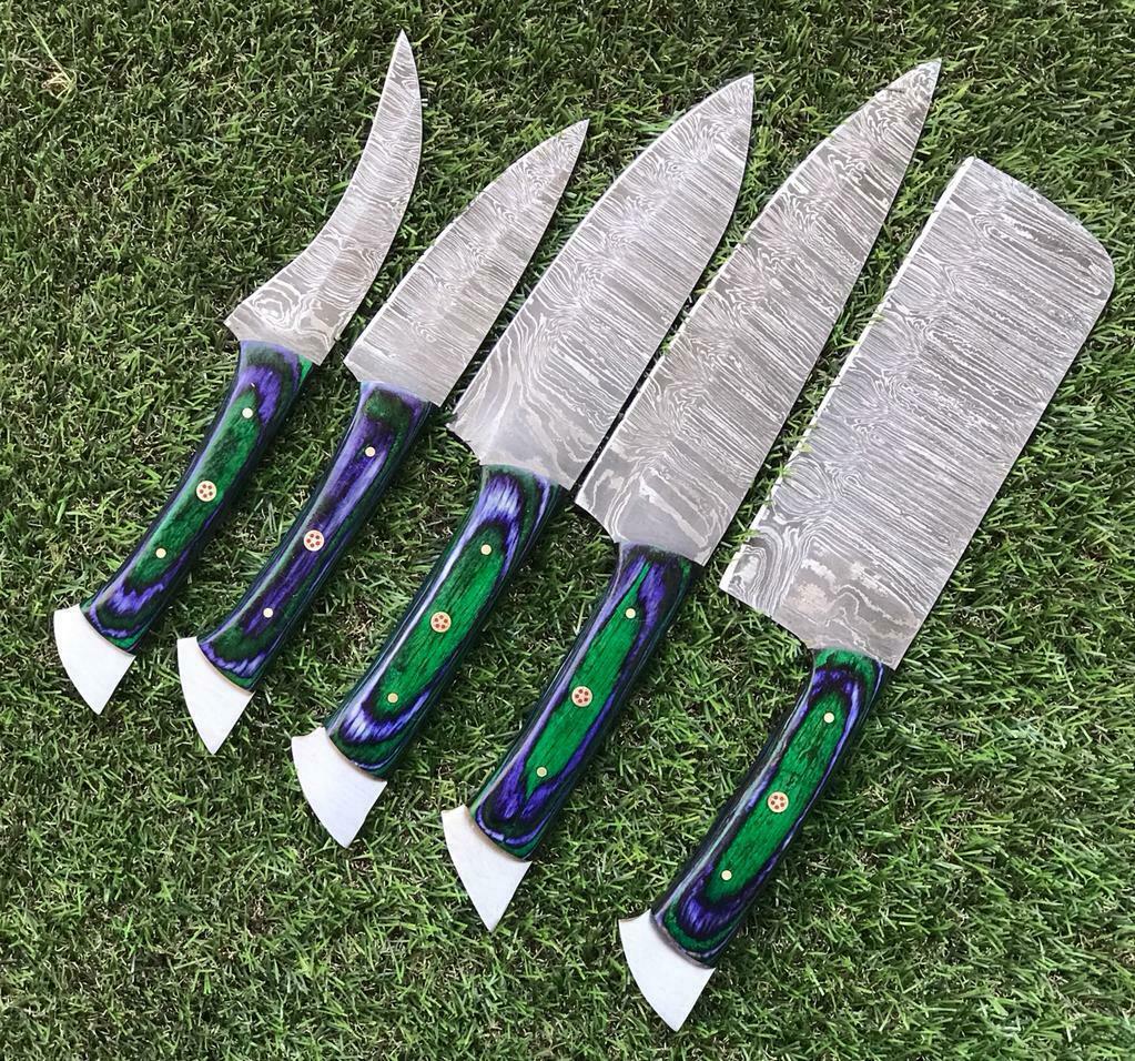 Custom Forged Damascus Steel Chef Knives | 5 Piece Kitchen Set