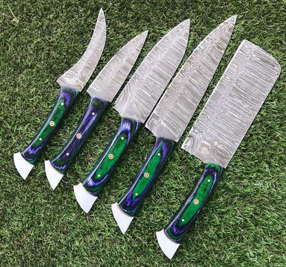 Custom Forged Damascus Steel Chef Knives | 5 Piece Kitchen Set