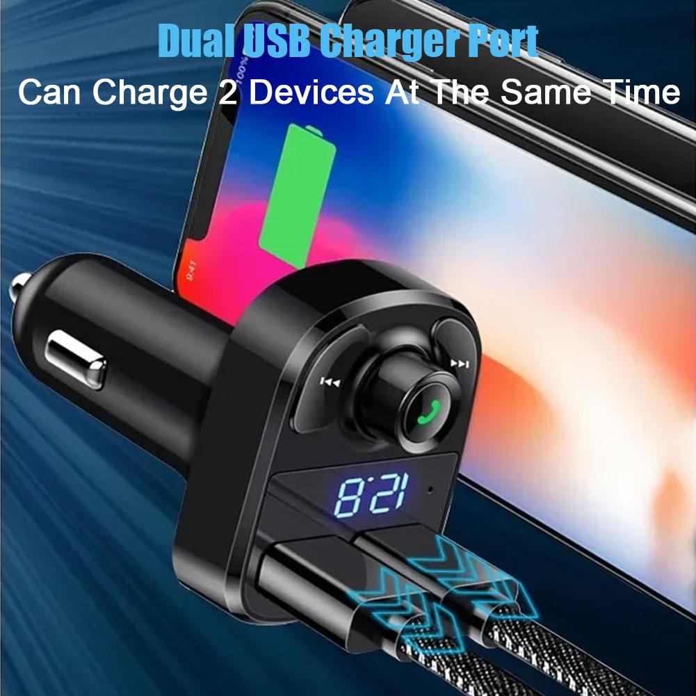 Wireless Bluetooth FM Transmitter, Car Charger, Hands-Free Calling Radio Receiver, Dual USB