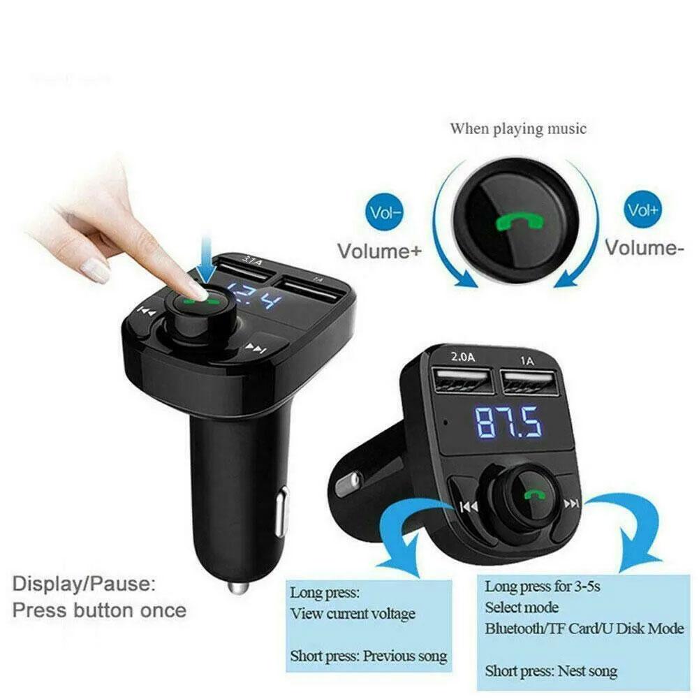 Wireless Bluetooth FM Transmitter, Car Charger, Hands-Free Calling Radio Receiver, Dual USB