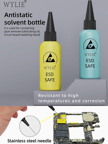 ESD Safe Solvent Bottle with Double Cap, Leak-Proof Dispensing Tool for Mobile Phone Repair & Alcohol Glue Solutions
