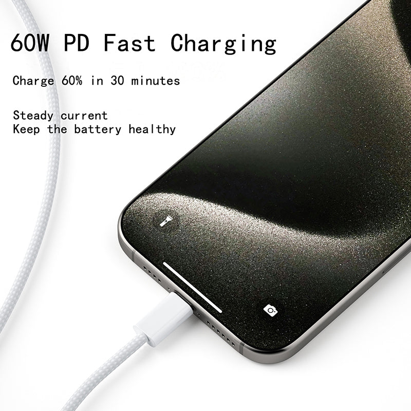 Mobile Phone Data Cable for iPhone, Android, Usb C to Type C Fast Charging PD 60W, Type C Braided Charger Cable