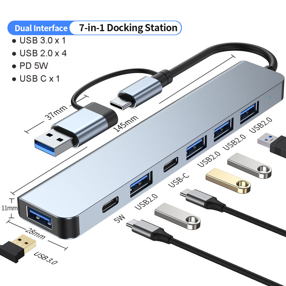 Aluminum 7 in 1 USB Extender, USB Hub 3.0 USB C Hub, USB Splitter with USB 3.0, 4 X USB 2.0 and 2 USB C Ports