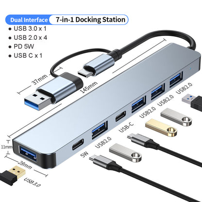 Aluminum 7 in 1 USB Extender, USB Hub 3.0 USB C Hub, USB Splitter with USB 3.0, 4 X USB 2.0 and 2 USB C Ports