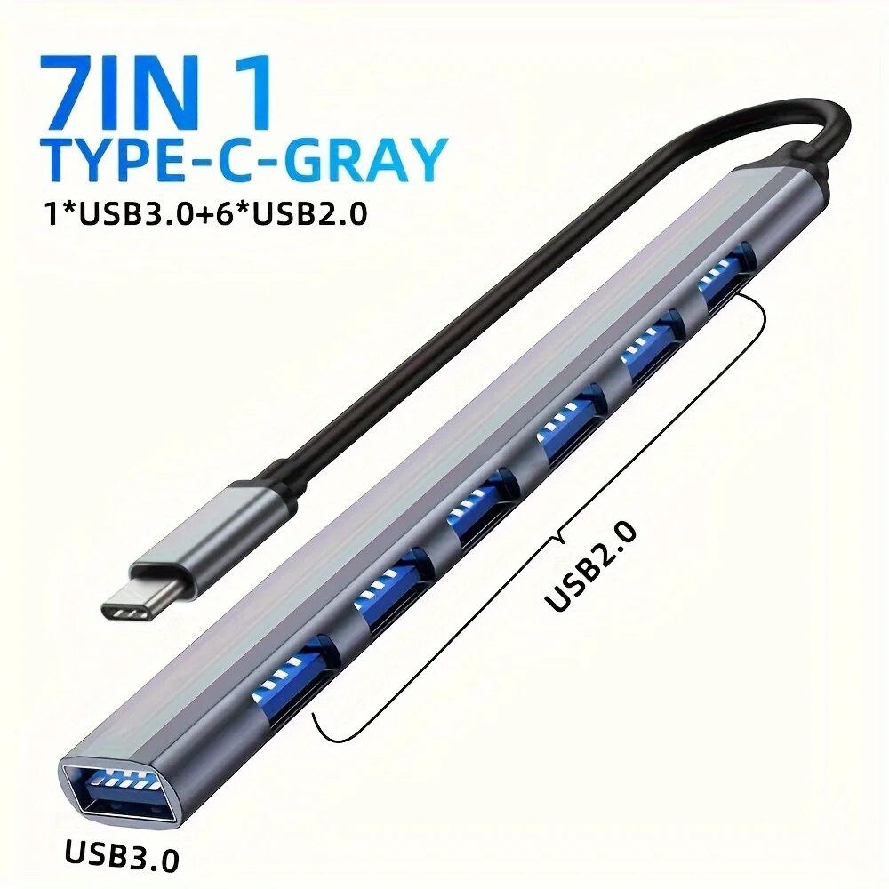 Aluminum 7 in 1 USB Extender, USB Hub 3.0 USB C Hub, USB Splitter with USB 3.0, 4 X USB 2.0 and 2 USB C Ports