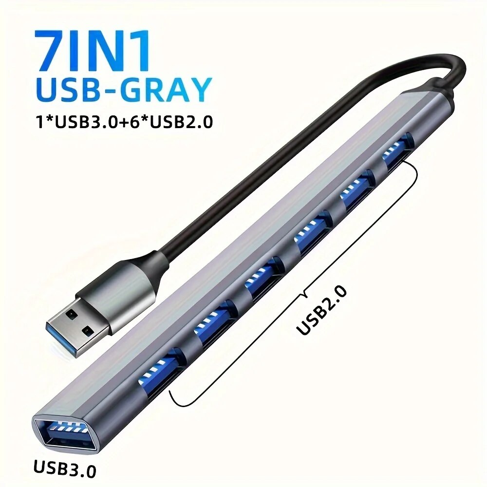 Aluminum 7 in 1 USB Extender, USB Hub 3.0 USB C Hub, USB Splitter with USB 3.0, 4 X USB 2.0 and 2 USB C Ports