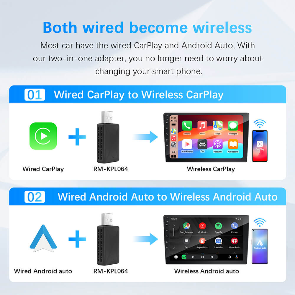 Android Auto Adapter, 2in1 Wired to Wireless CarPlay Adapter for OEM Car Stereo USB Plug and Play