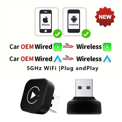 Android Auto Adapter, 2in1 Wired to Wireless CarPlay Adapter for OEM Car Stereo USB Plug and Play