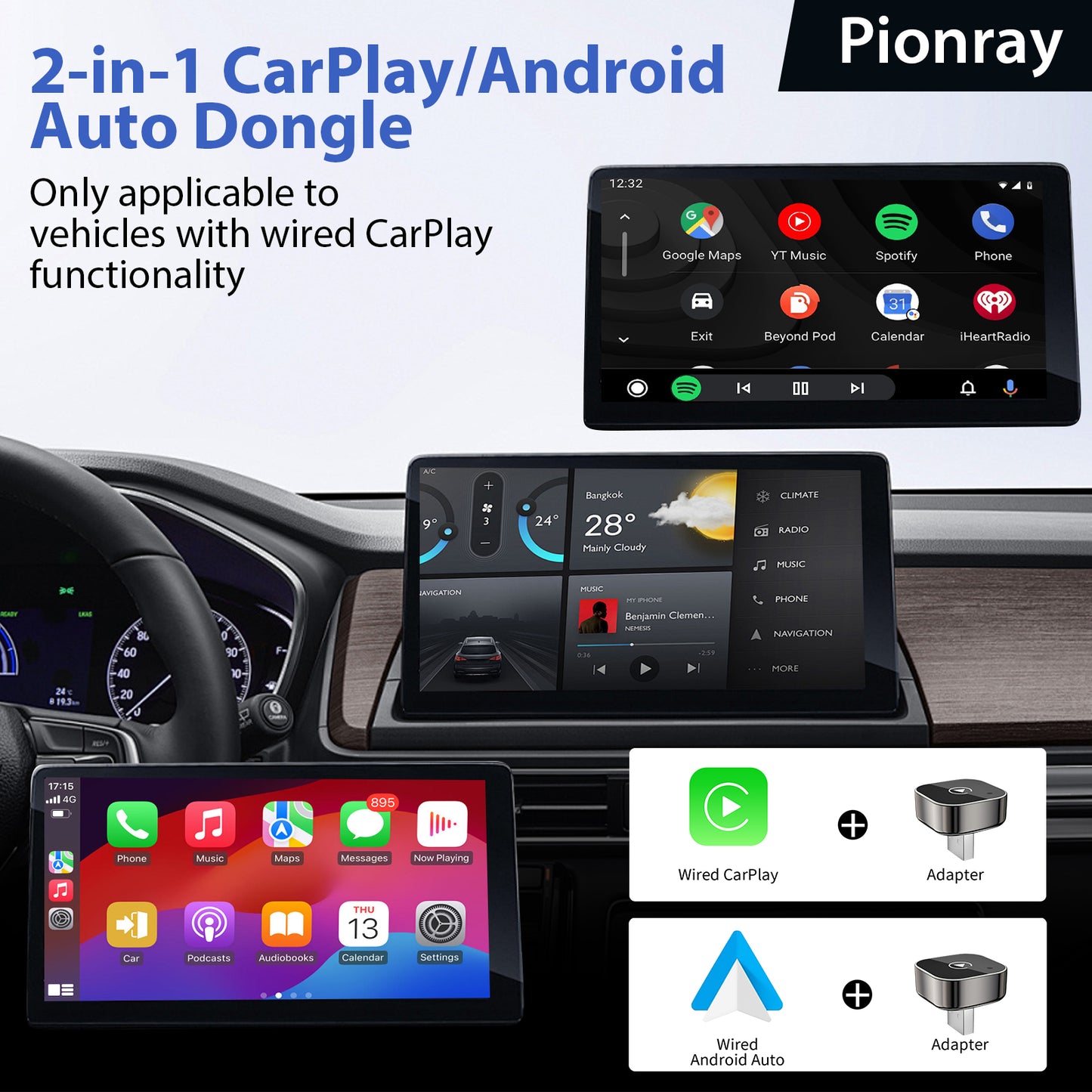 Android Auto Wireless Adapter New Pionray 2 In 1 Wireless CarPlay Adapter 5Ghz WiFi Type C USB Plug 3