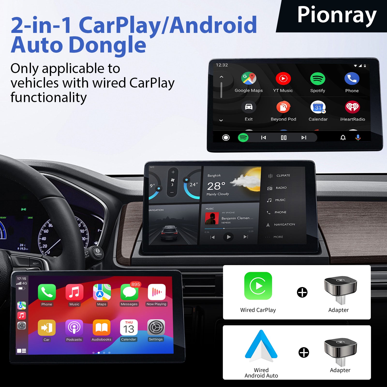 Android Auto Wireless Adapter New Pionray 2 In 1 Wireless CarPlay Adapter 5Ghz WiFi Type C USB Plug 3