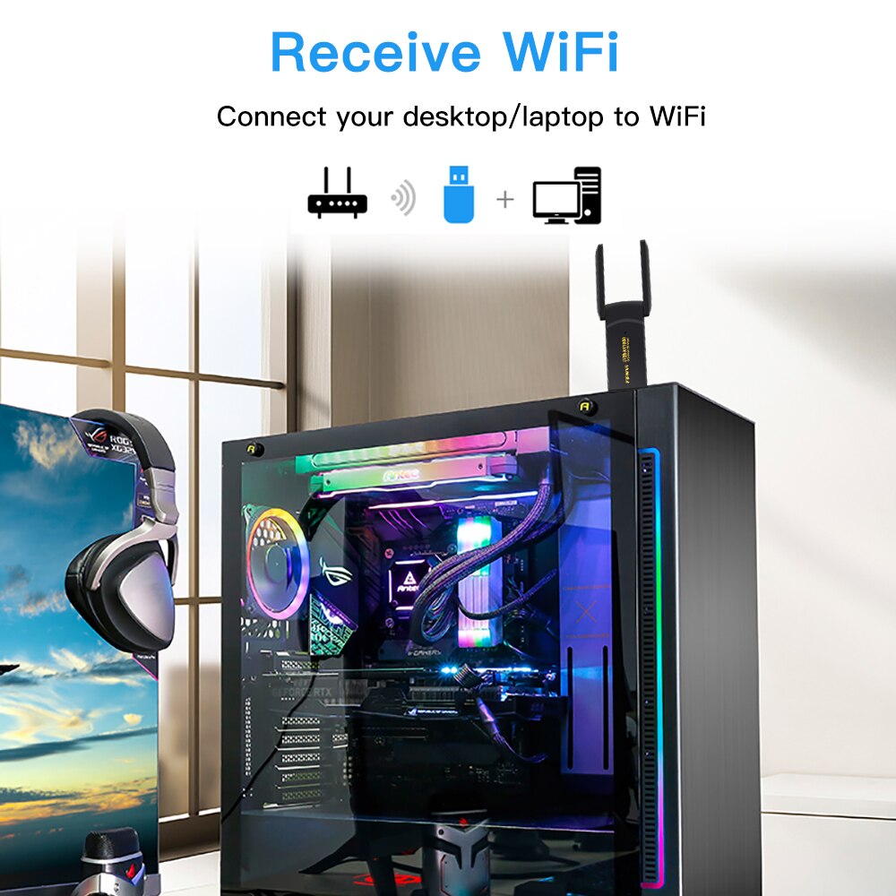 Dual Band 2.4G 5Ghz WiFi Receiver, 1800Mbps WiFi 6 USB Adapter, USB 3.0 Dongle Network Card for Laptop PC