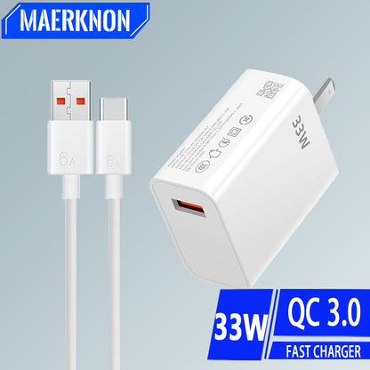Wall Charger 6A, USB Charger 33W Fast Charging, Type C Cable, EU US Plug, Quick Charge Phone Adapter for Xiaomi Redmi