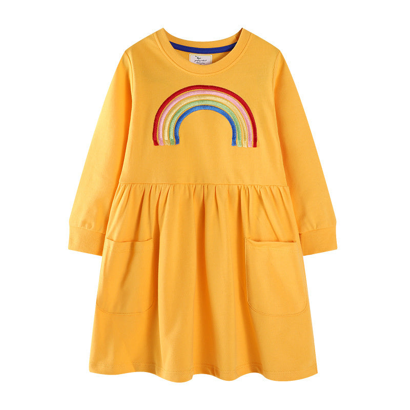 Rainbow Sweater Dress for Girls, Long Sleeve Cotton Party Dress, Jumping Meters 2025, Autumn Winter Childrens Clothing,