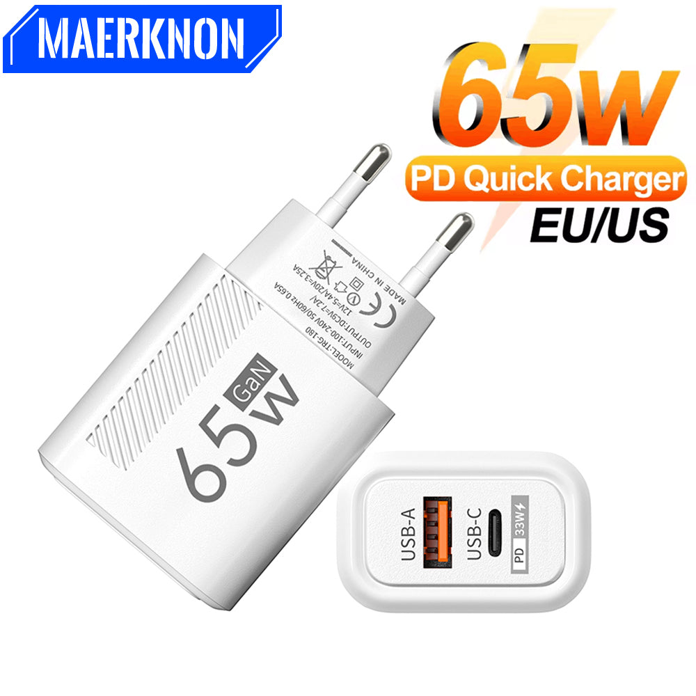 Quick Charging Type C Wall Charger, 65W GaN USB C Fast Charger, Phone Charger Adapter for iPhone, Samsung, Xiaomi