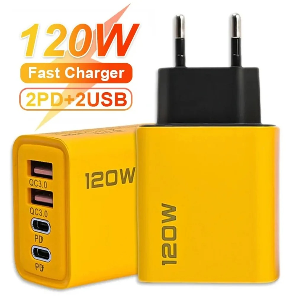 USB Phone Charger Adapter, Total 120W USB Type C Charger, 4 Port Fast Charging, Quick Charge Wall Charger for iPhone