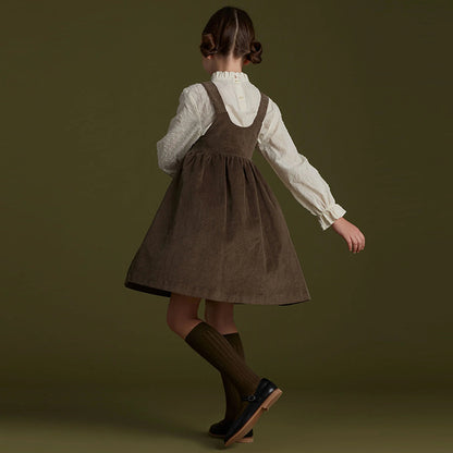 Autumn Fashion Girls Corduroy Dress Retro Style Adjustable Straps Casual Loose Fit Sleeveless Ruche 3