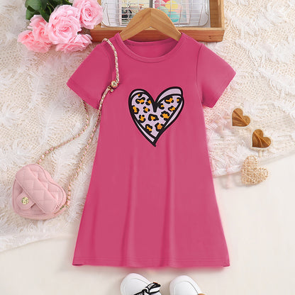 Girls Knitted Skirt Dress, Love Leopard Print, Short Sleeve Round Neck, Summer Thin Fashion Casual Dress, Childrens