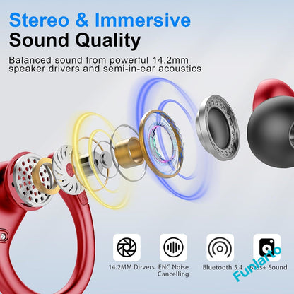 Bluetooth Earbuds with ENC Noise Canceling Mic, Wireless Headphones Sport, Earhooks