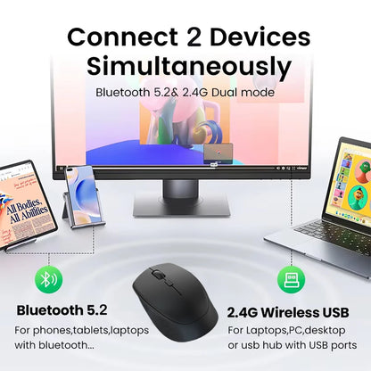 Dual-Mode Wireless Mouse, Bluetooth 5.2 Mouse, Silent Rechargeable Gaming Mouse, 1600DPI for Laptop Computer