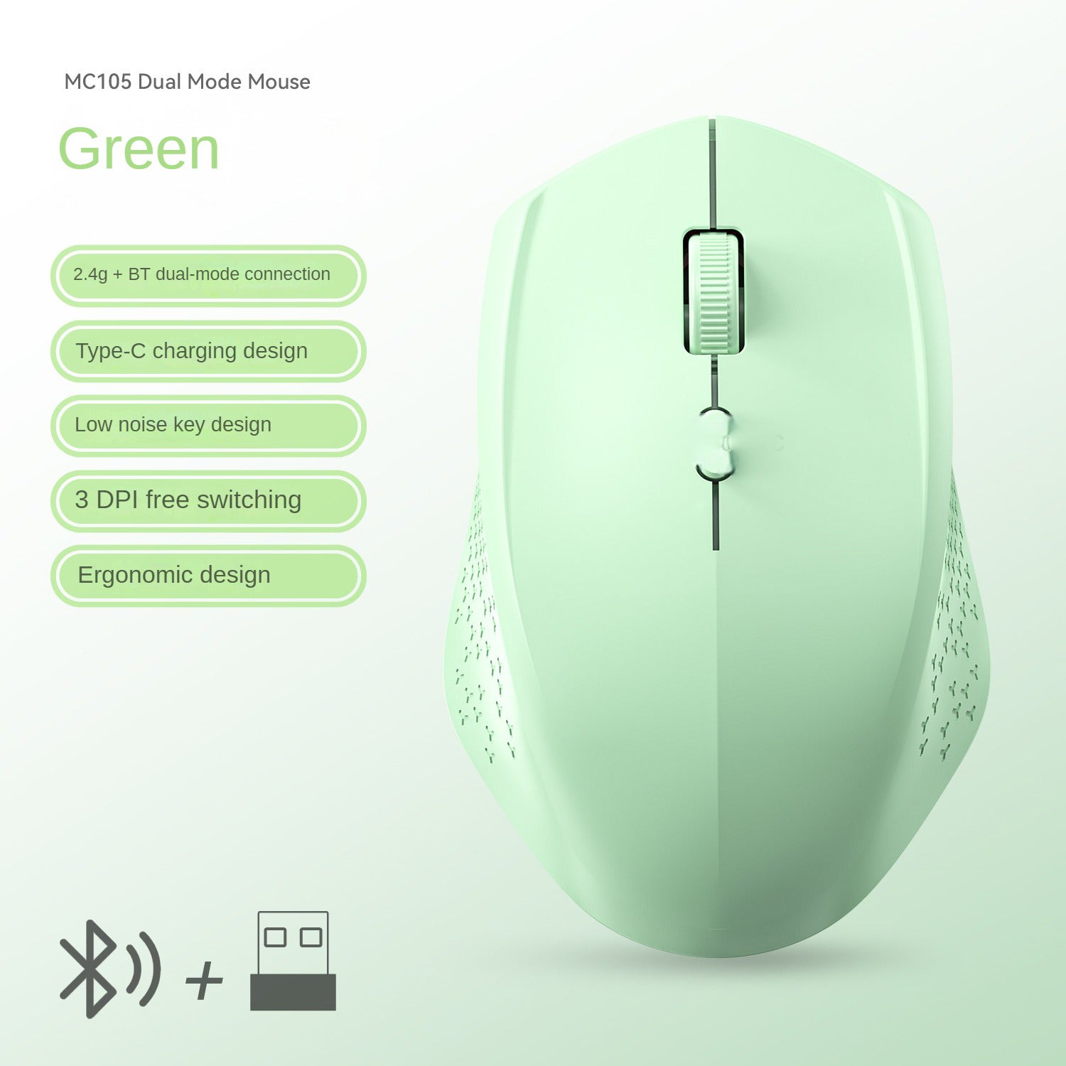 Dual-Mode Wireless Mouse, Bluetooth 5.2 Mouse, Silent Rechargeable Gaming Mouse, 1600DPI for Laptop Computer