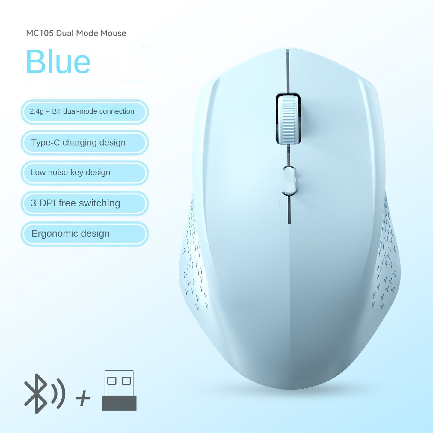 Dual-Mode Wireless Mouse, Bluetooth 5.2 Mouse, Silent Rechargeable Gaming Mouse, 1600DPI for Laptop Computer